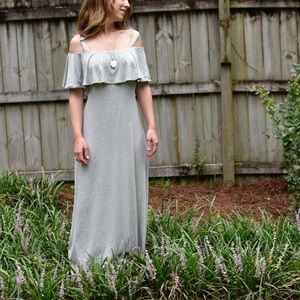 Made in the USA Maxi Dress Heather Gray Open Shoulder Ruffle